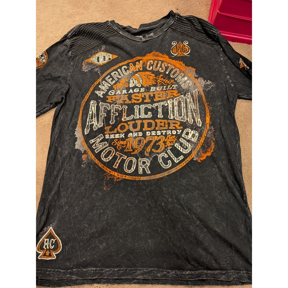 Affliction American Customs Motor Club Long Sleeve Shirt Mens XL Black Orange